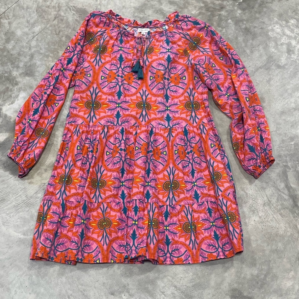 King + Pitt Womens Pink Floral Midi knee length boho flowy ruffle dress size Med